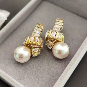 Gold Pearl Drop Earrings with Crystal Accents